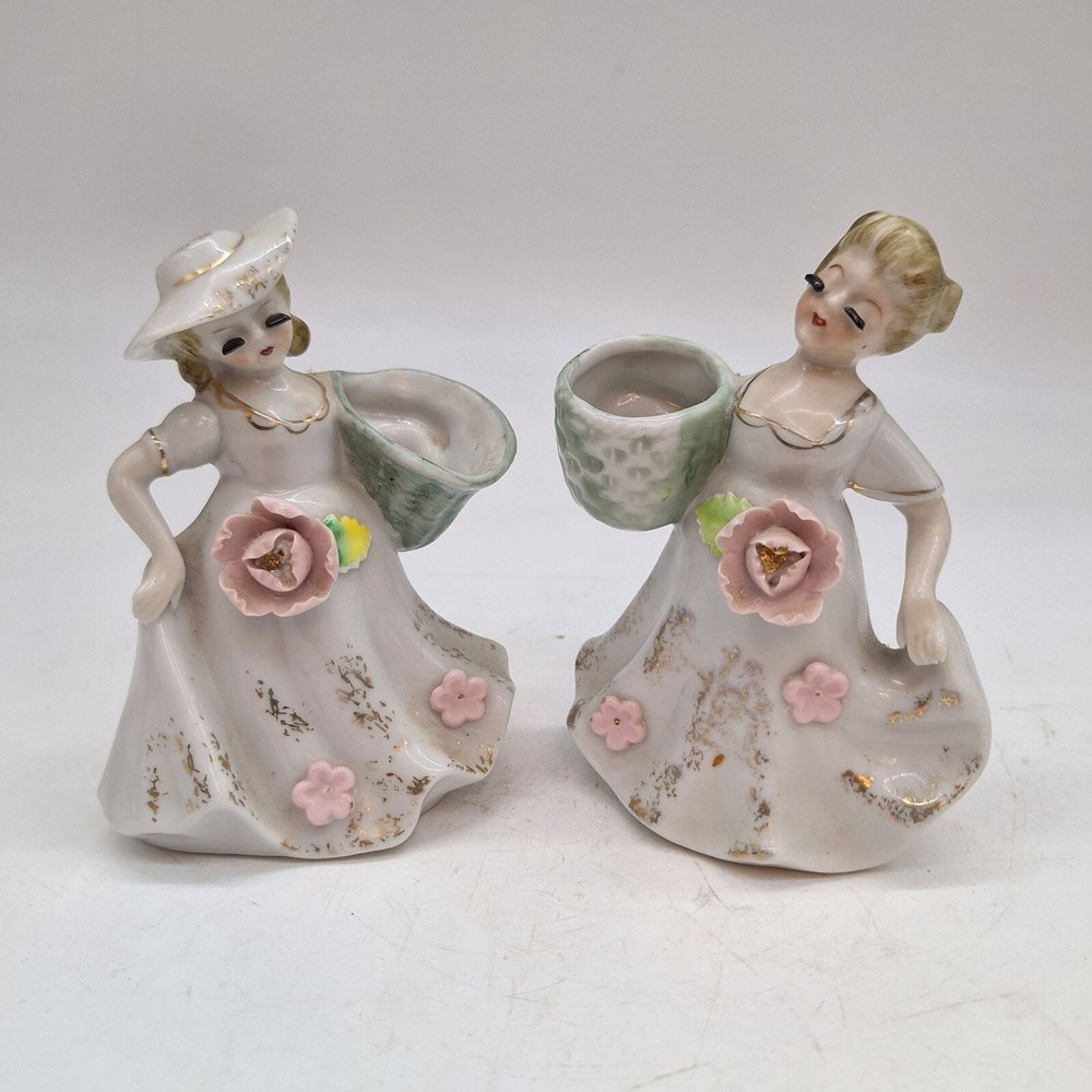 Vintage eyelash girls ceramic vases pair Chase porcelain Japan figurines baskets