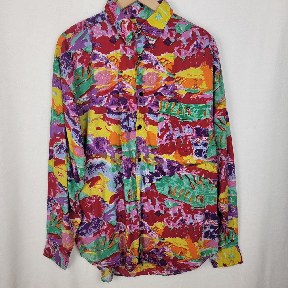Vintage 90s Santana Abstract Graphic Button Up Shirt L Cotton Retro Streetwear-image