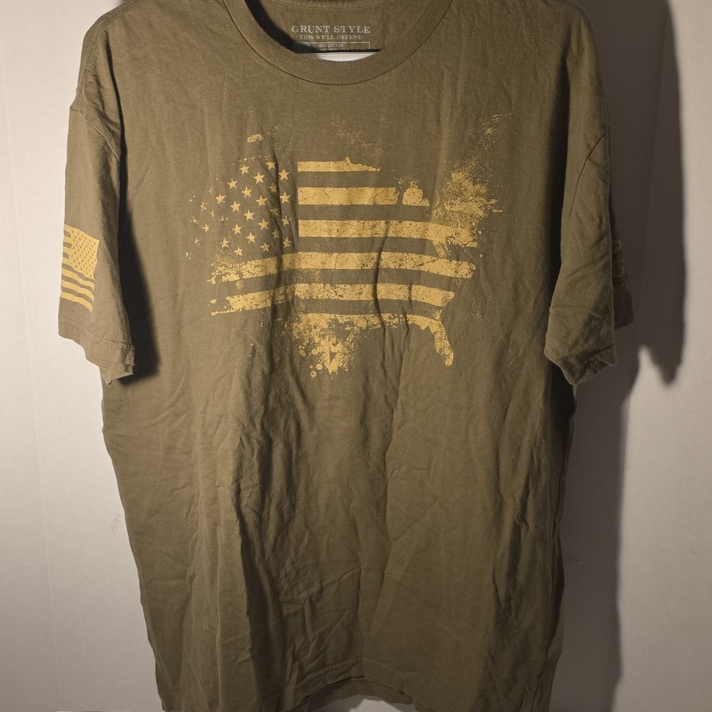 Grunt Style Olive Green USA Flag Patriotic Men's Graphic Short Sleeve T-Shirt XL