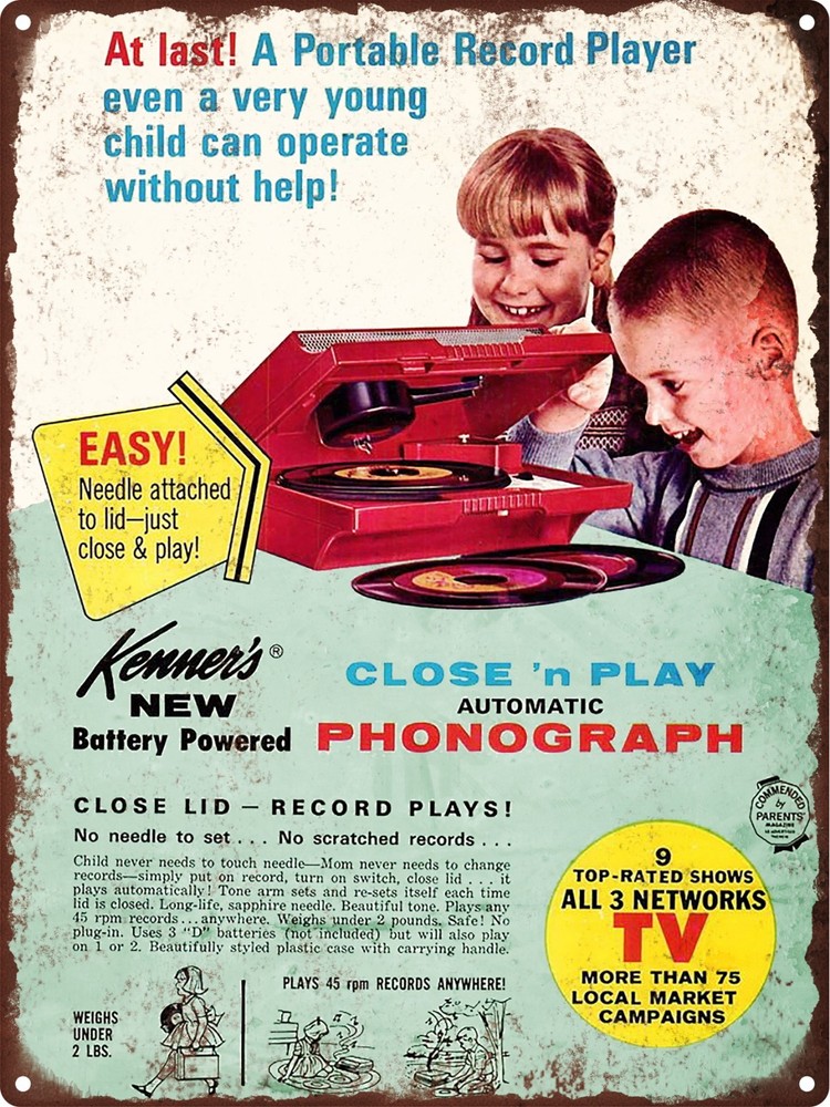 1960s Kenners Close and Play Phonograph Record Player Metal Sign 9x12