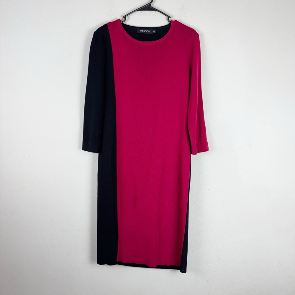Misook Women's 3/4 Sleeve Shift Dress Size M Magneta/Black