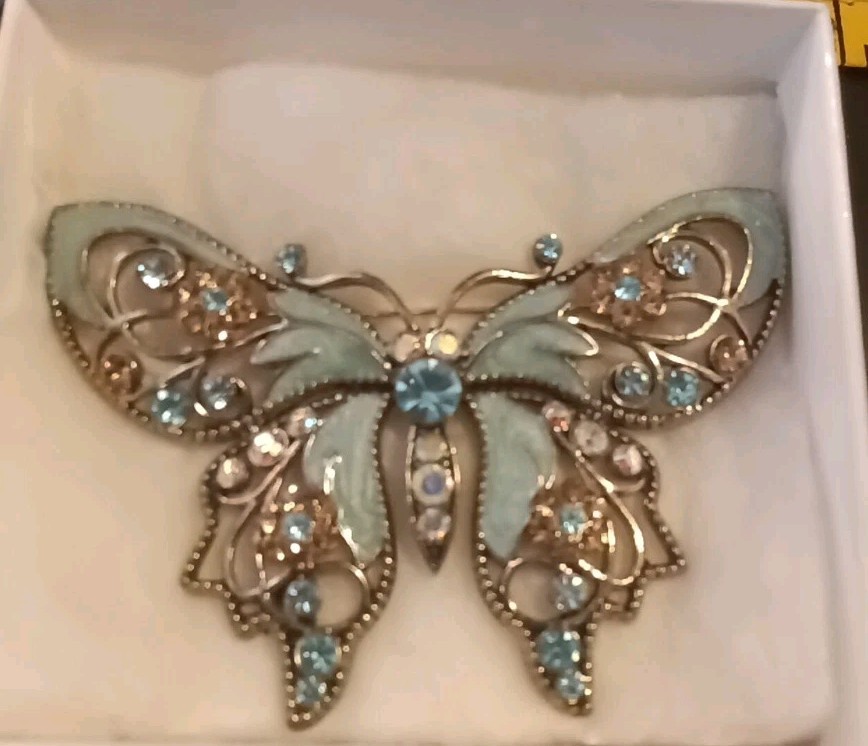 AVON VTG Enamel Rhinestone Butterfly Brooch Art Nouveau Style 60s Organic Nature