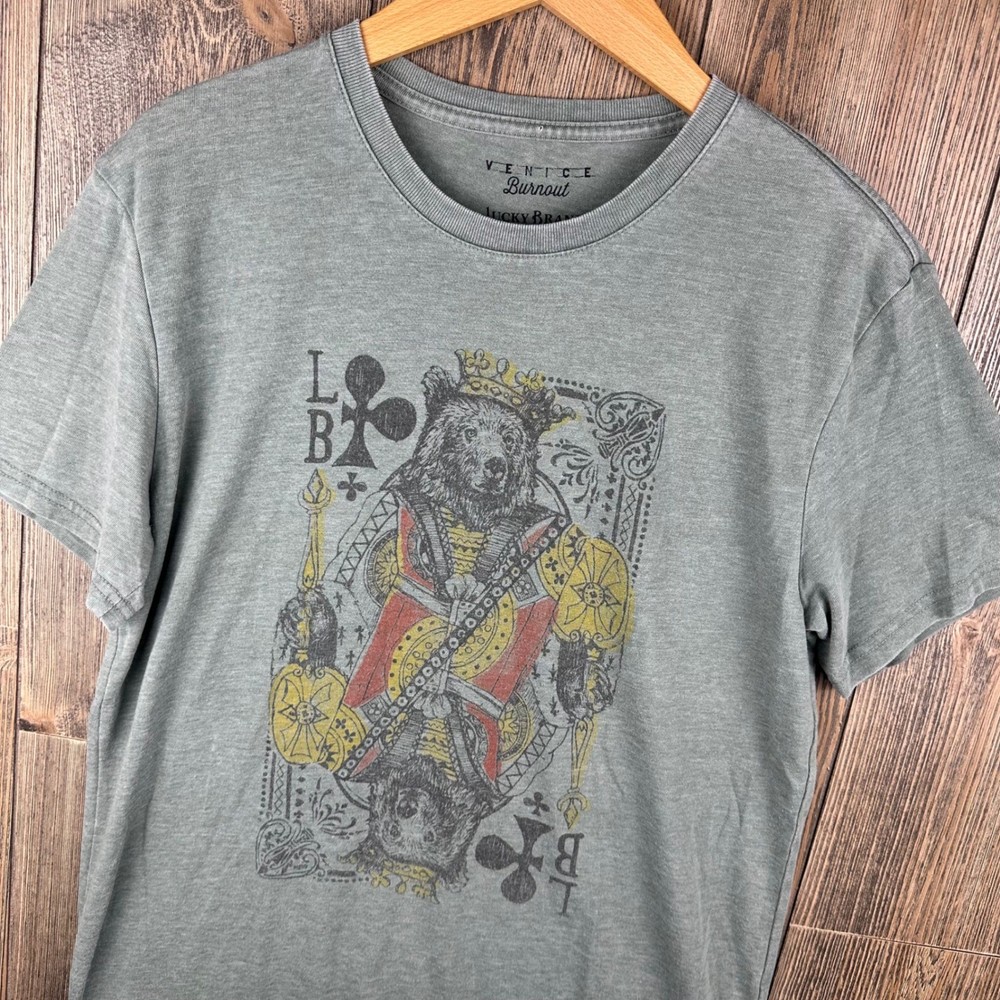 Lucky Brand Venice Burnout Mens Green Bear King Playing Card T-Shirt Size Small