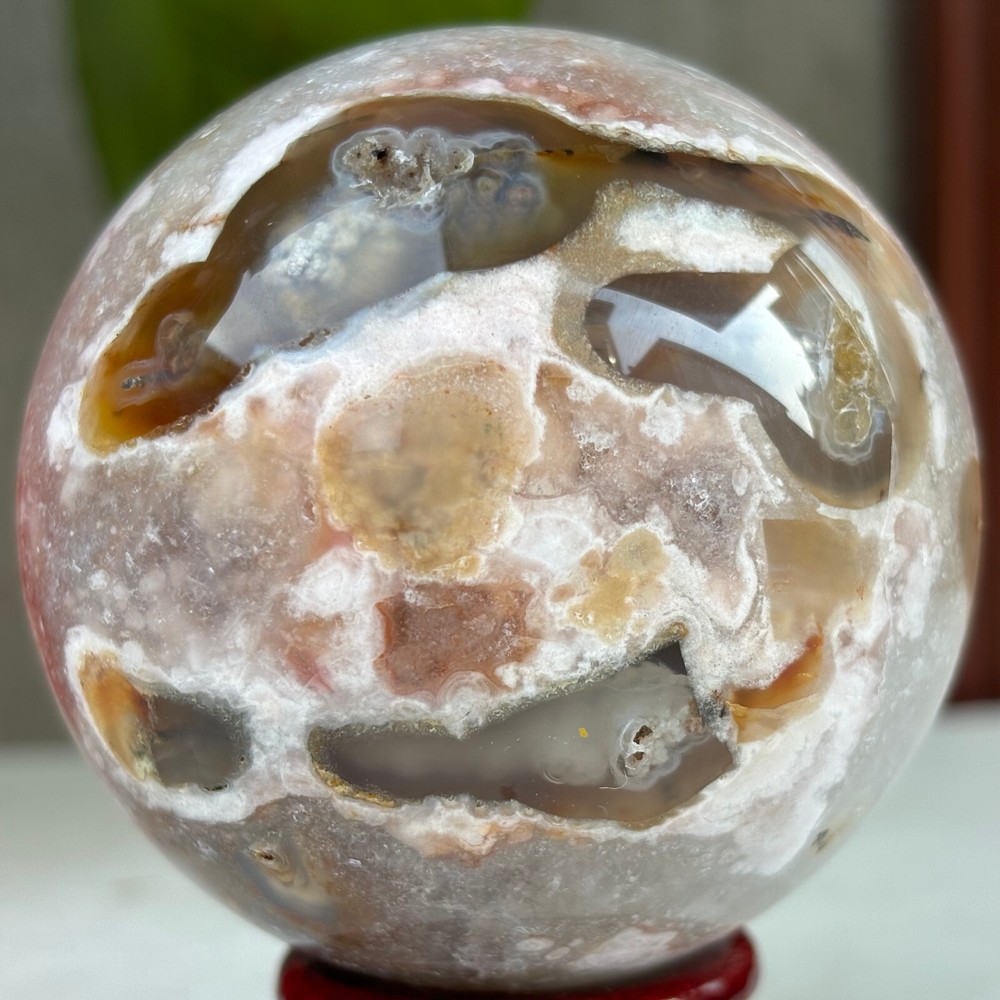 491g Natural Sakura Agate Quartz Sphere Crystal Ball Reiki Healing Decoration