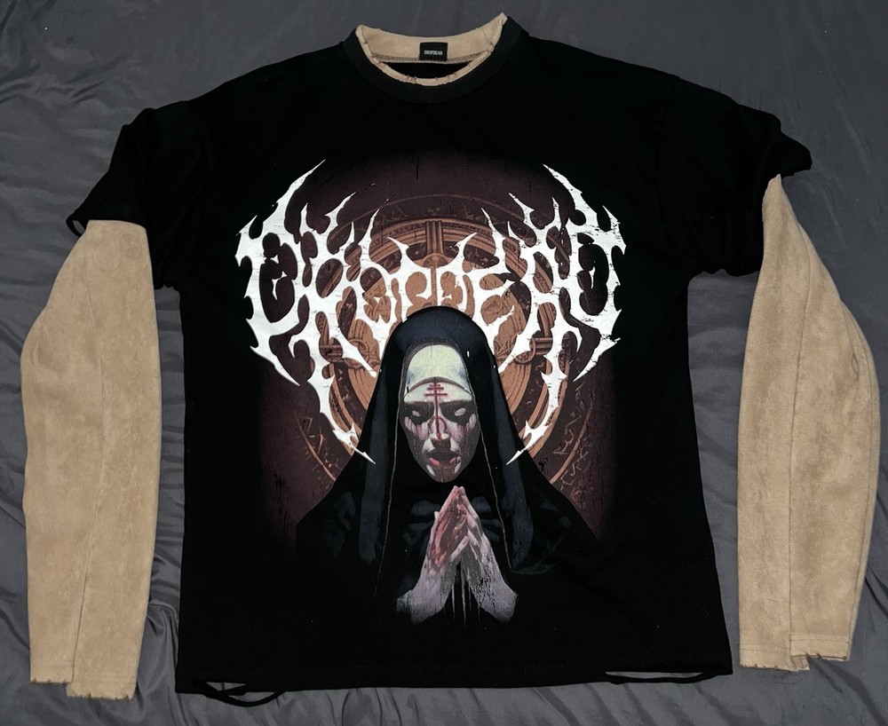 Gothic Graphic Print Black Beige Men's Cotton Long Sleeve Crew Neck T-Shirt