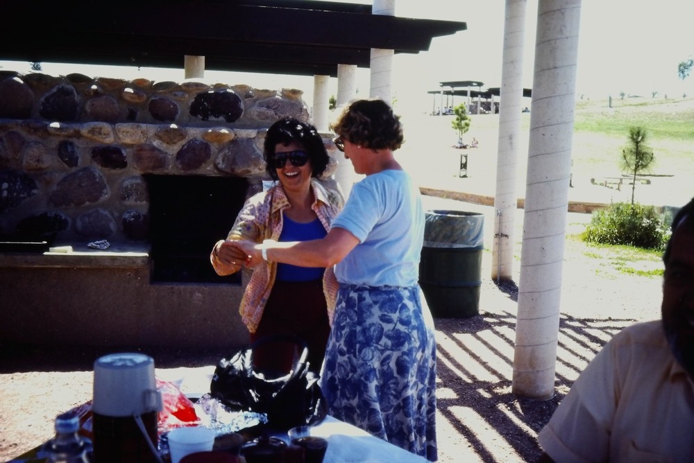 c1970's 35mm Slide Film Women Picnic Barbecue Park Woman Stone Concrete Wooden