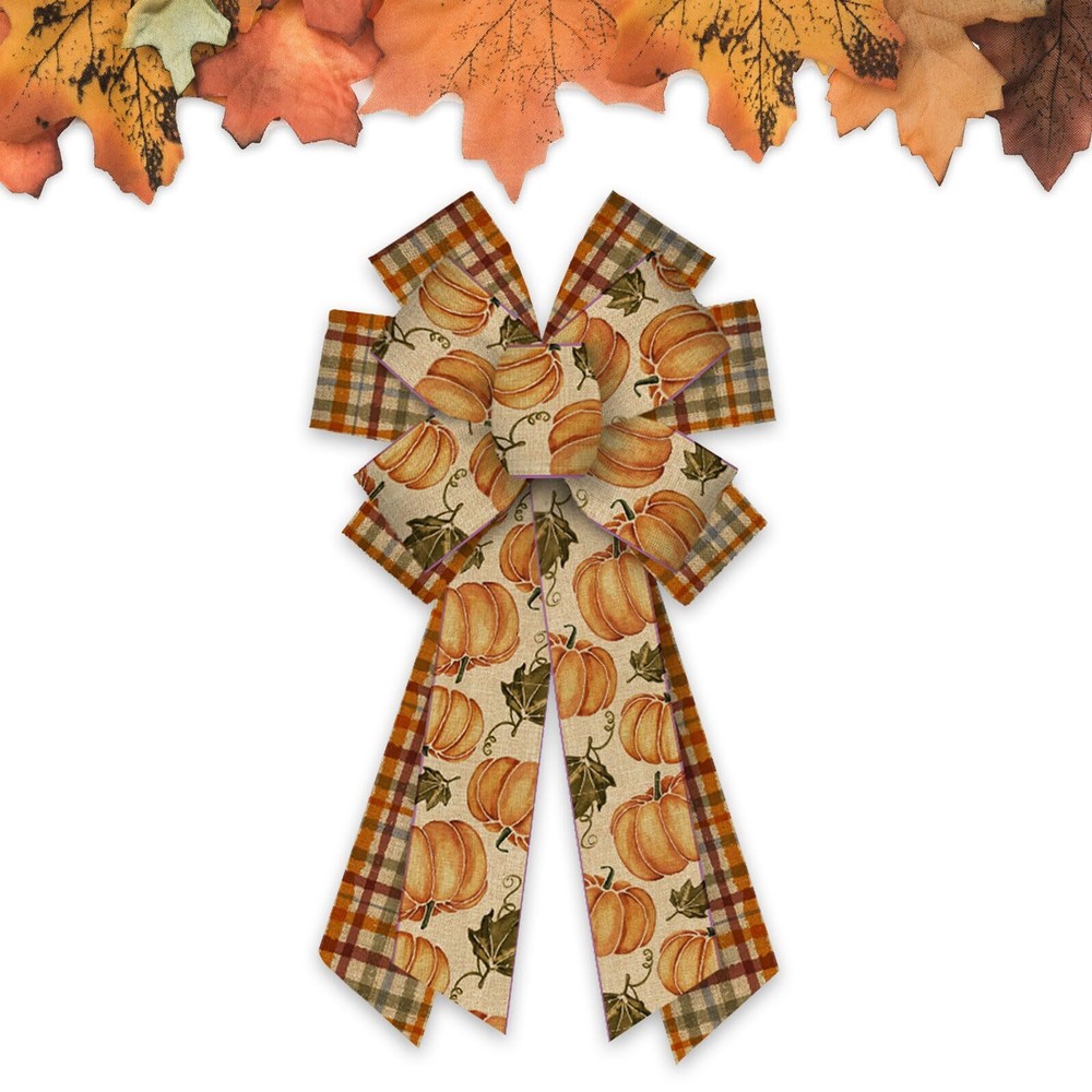 Large Thanksgiving Burlap Bows for Wreaths or Front Door Decor with Wired Pumpkin Accents