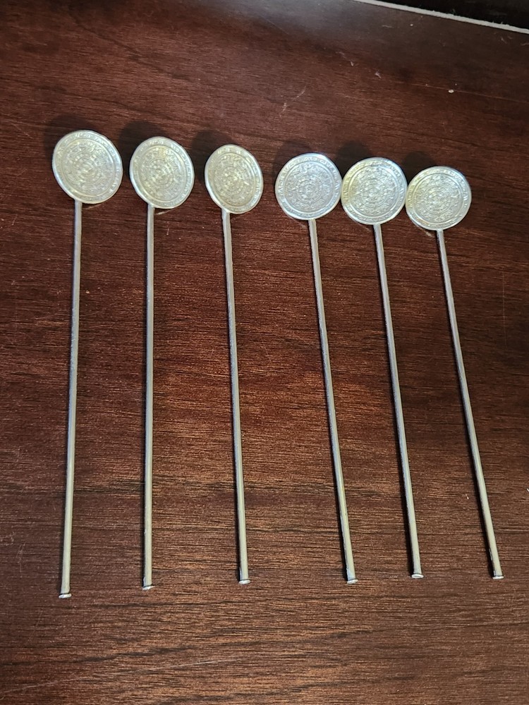 Vintage Alpaca Silver Mayan Calendar Yerba Mate Set of 6 Straw/Spoons Aztec