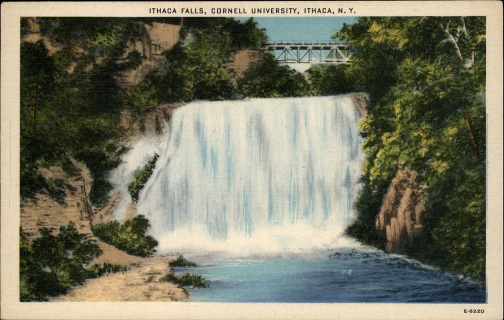 Ithaca Falls New York Cornell University bridge ~ 1930s linen postcard