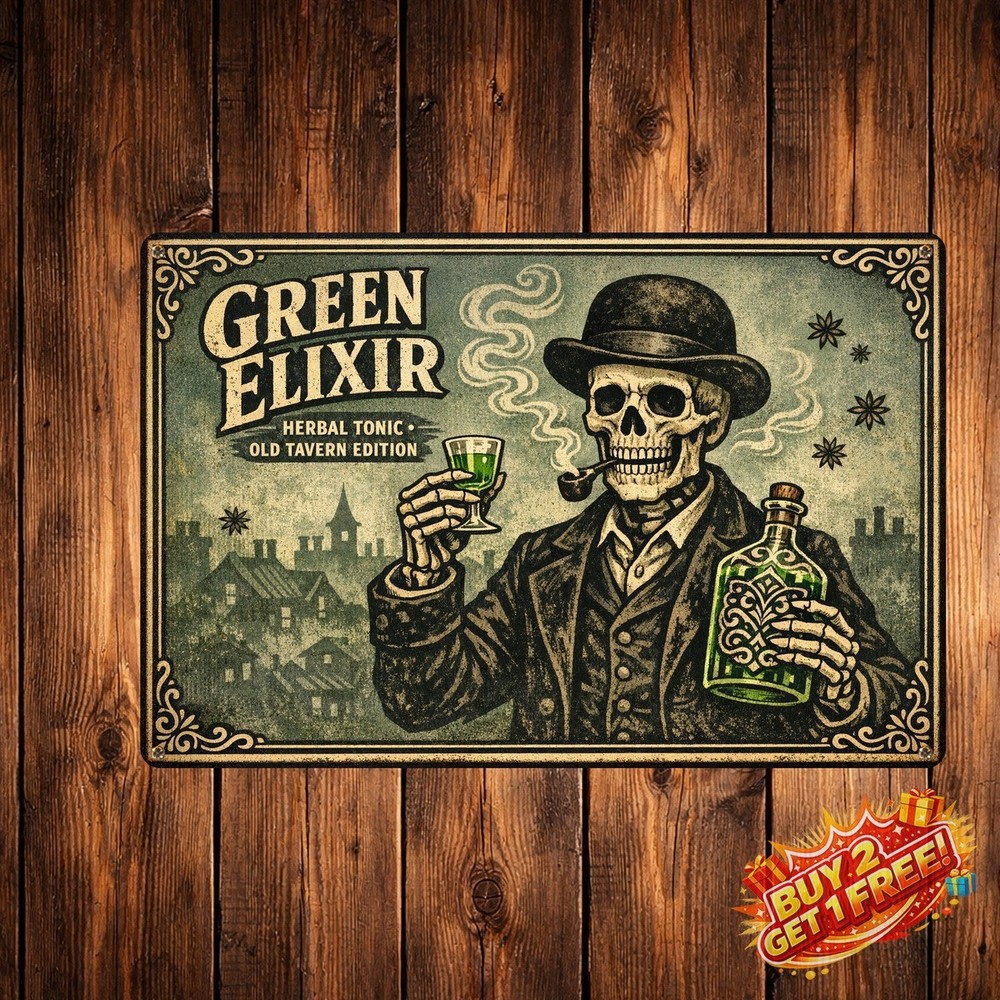 Absinthe Skeleton Drinker Vintage Tin Sign Metal Aesthetic Wall Print 8x12-image