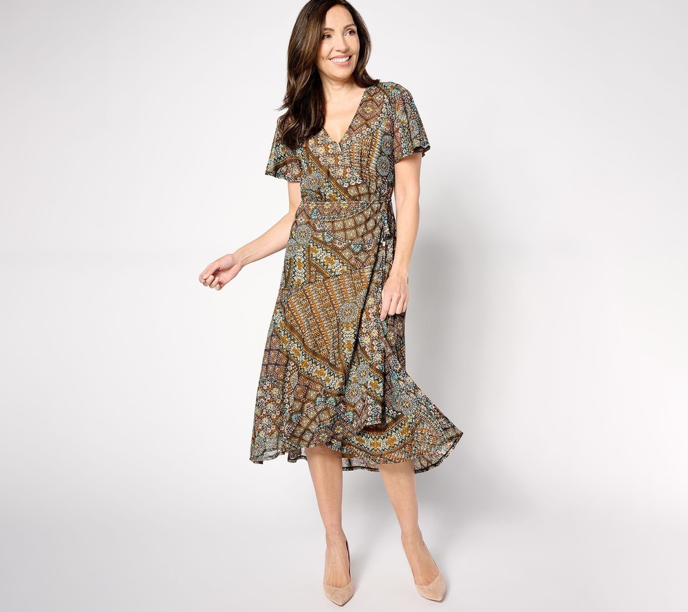 Susan Graver Women's Dress Sz M Printed Mesh Flutter Sleeve Multi-colored