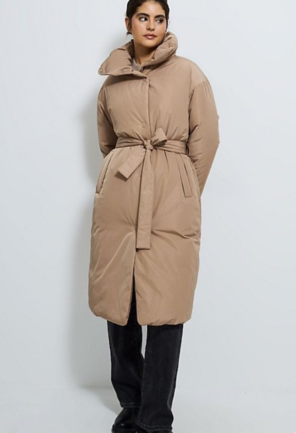 George Camel Insulated Belted Funnel Neck Coat Size L Large Warm Winter