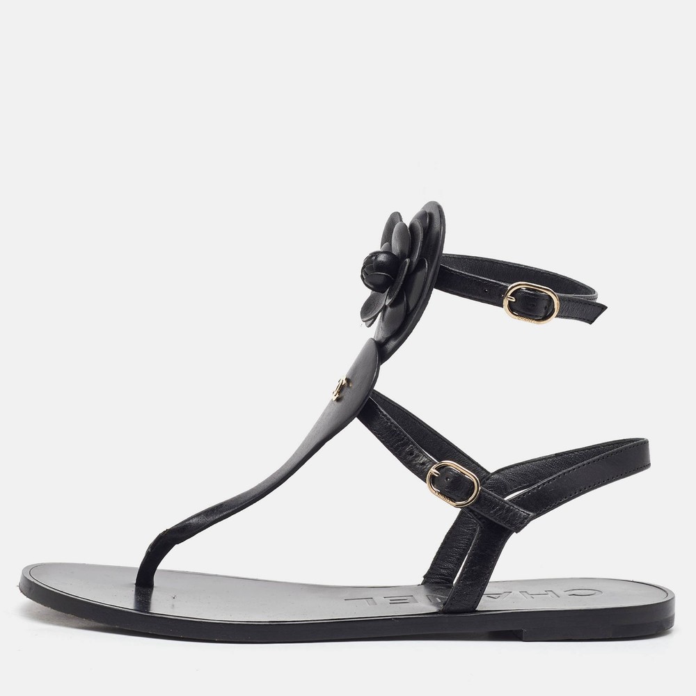 Chanel Black Leather CC Camellia T-Strap Flat Sandals Size 38