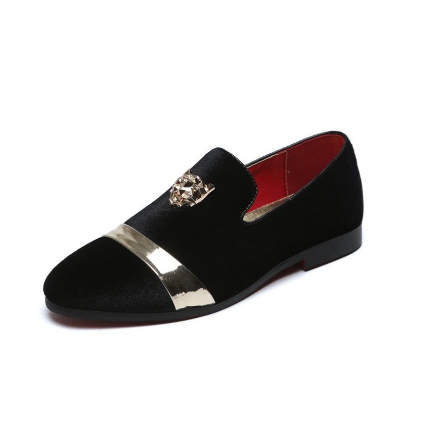 Santimon Men's US 6 Black Velvet Loafers Golden Animal Buckle Slip-On Shoes