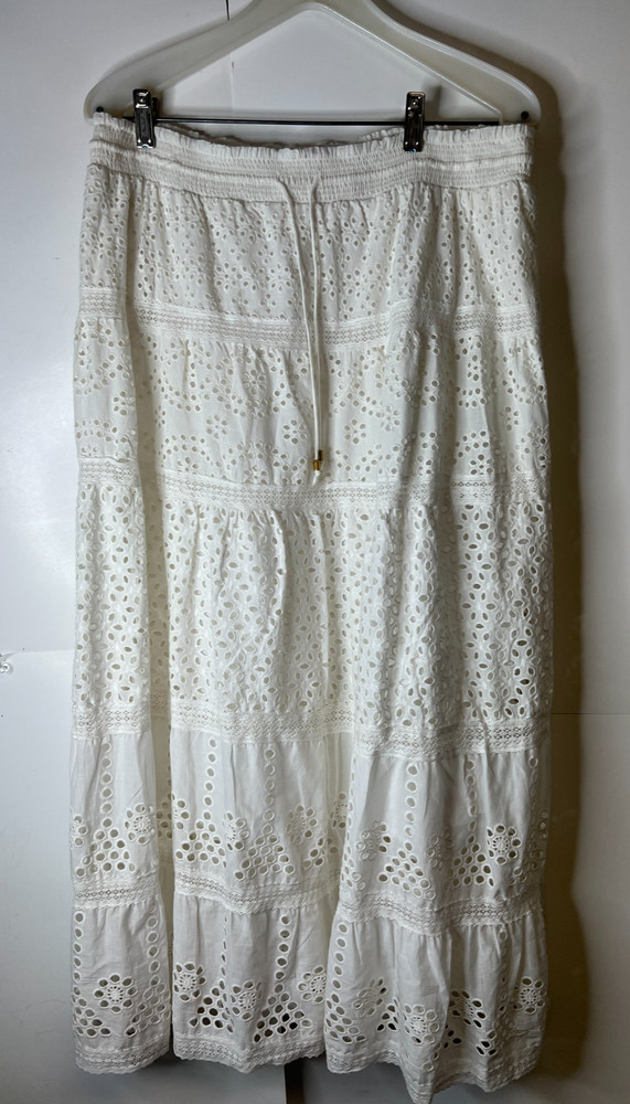 Joie Womens Large White Eyelet Peasant Skirt Ruffled Hem Stretch Waist Lined