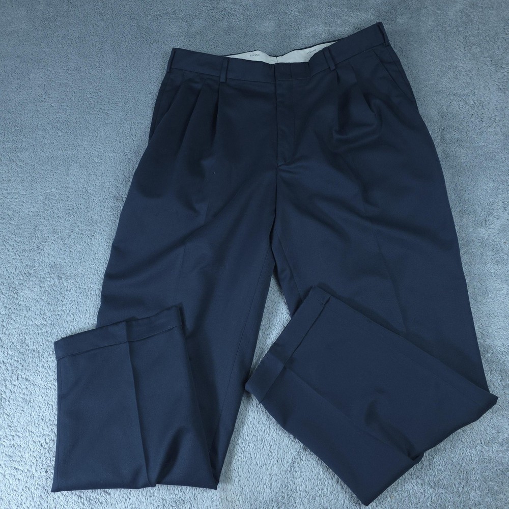 Savane Dress Pants Mens 36x32 Blue Micro-Denier Polyester Pleated Cuffed