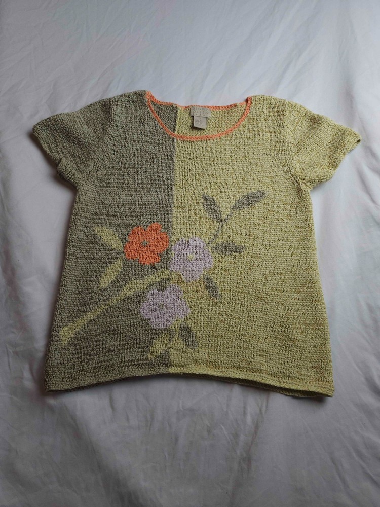 Sigrid Olsen Shirt Top Womens Small Green Gray Knit Floral Colorblock Casual