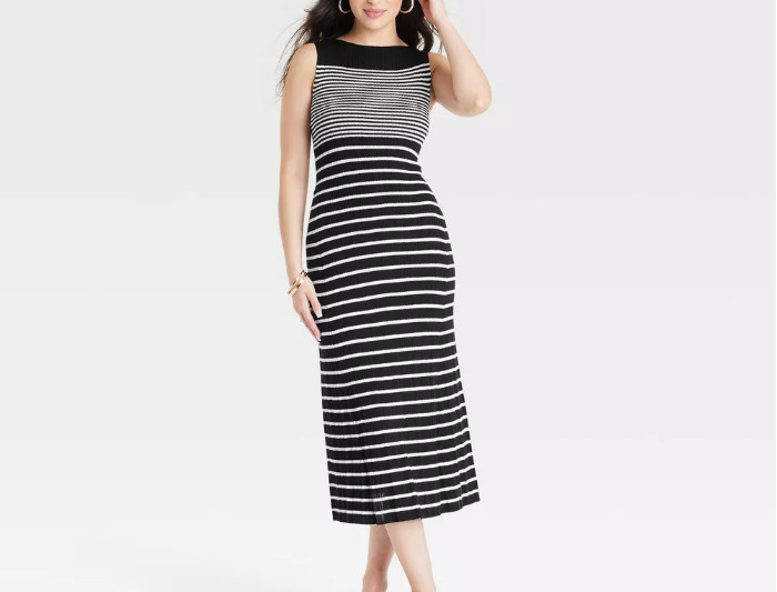 Women's Faux Plisse Midi Sweater Dress - A New Day Black/White Striped L