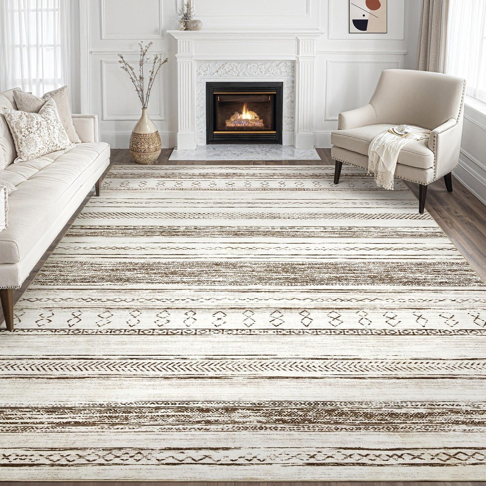 Area Rug Living Room Rugs - 8x10 Washable Large Soft Neutral Boho Moroccan Bo...