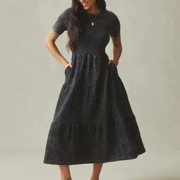 AMERICAN GIANT Black Wash Tiered Midi Dress TShirt Style Made USA Size M