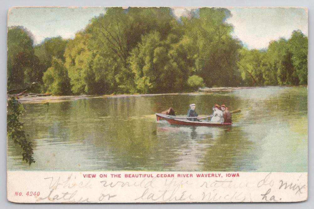 Cedar River Waverly Iowa 1909 Rowboat Scene Vintage Postcard