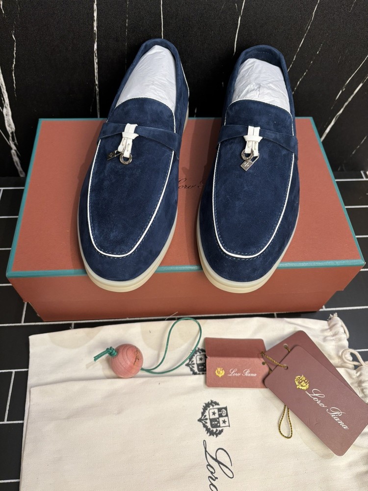 Loro Piana Suede Summer Charms Walk Loafers Women Size EU 39 US 9 Navy Blue