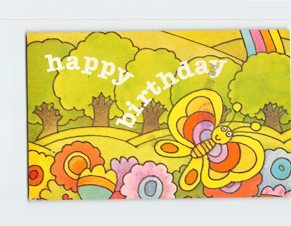Postcard Colorful Birthday Card with Butterfly and Flowers