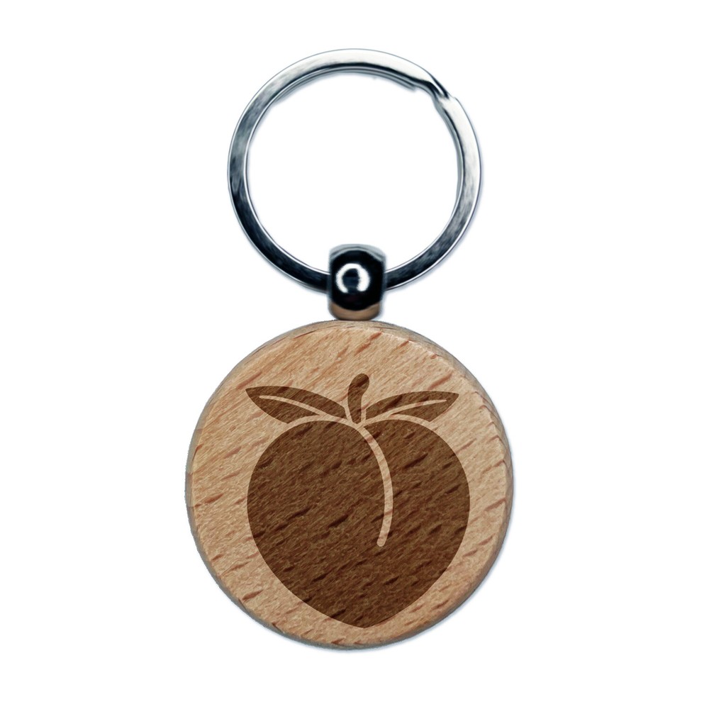 Llavero redondo de madera maciza grabada melocotón regordete etiqueta encanto