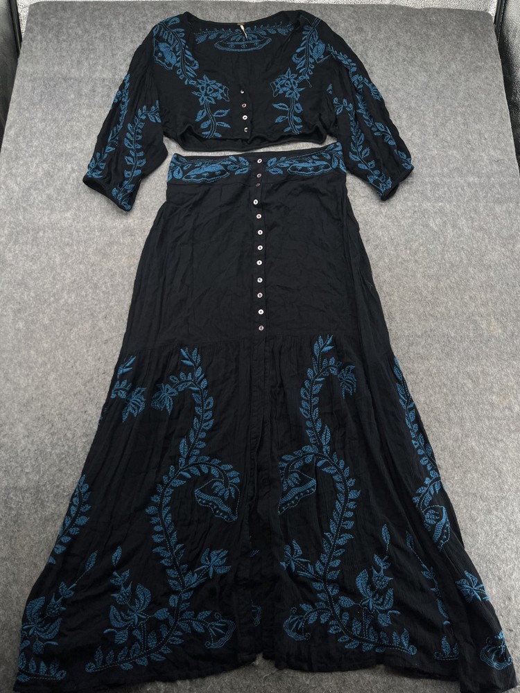 Free People Set Skirt And Top 4/6 Boho Black Blue Embroidered