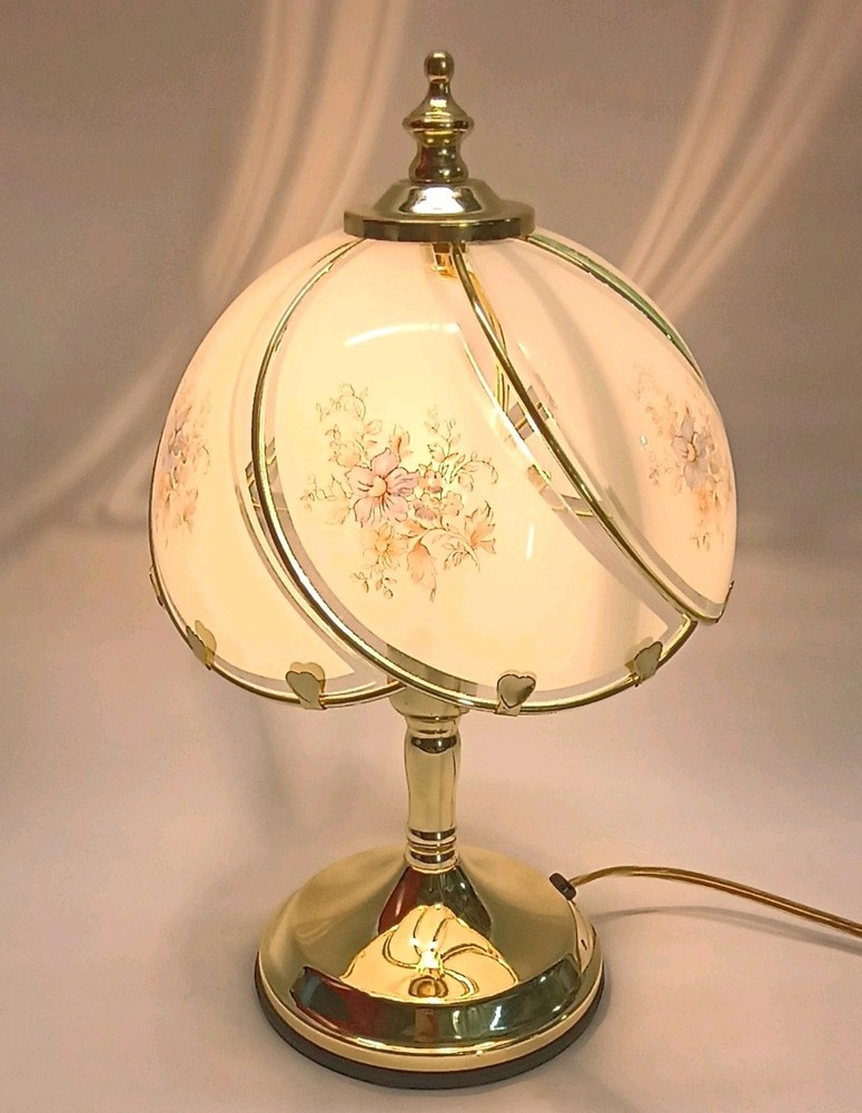 Vintage Floral Glass 3 way Touch Lamp Polished Brass Base Tiffany Style 14in