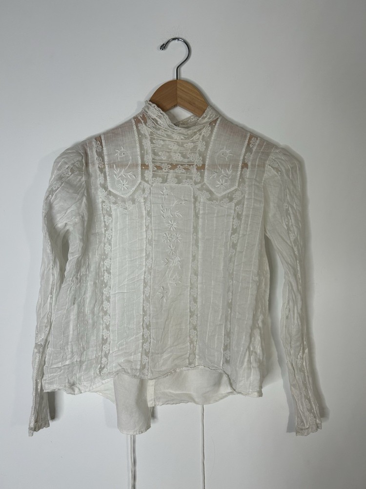 Antique Top Women’s White Lace Eyelit Vintage Long Sleeve Edwardian Victorian