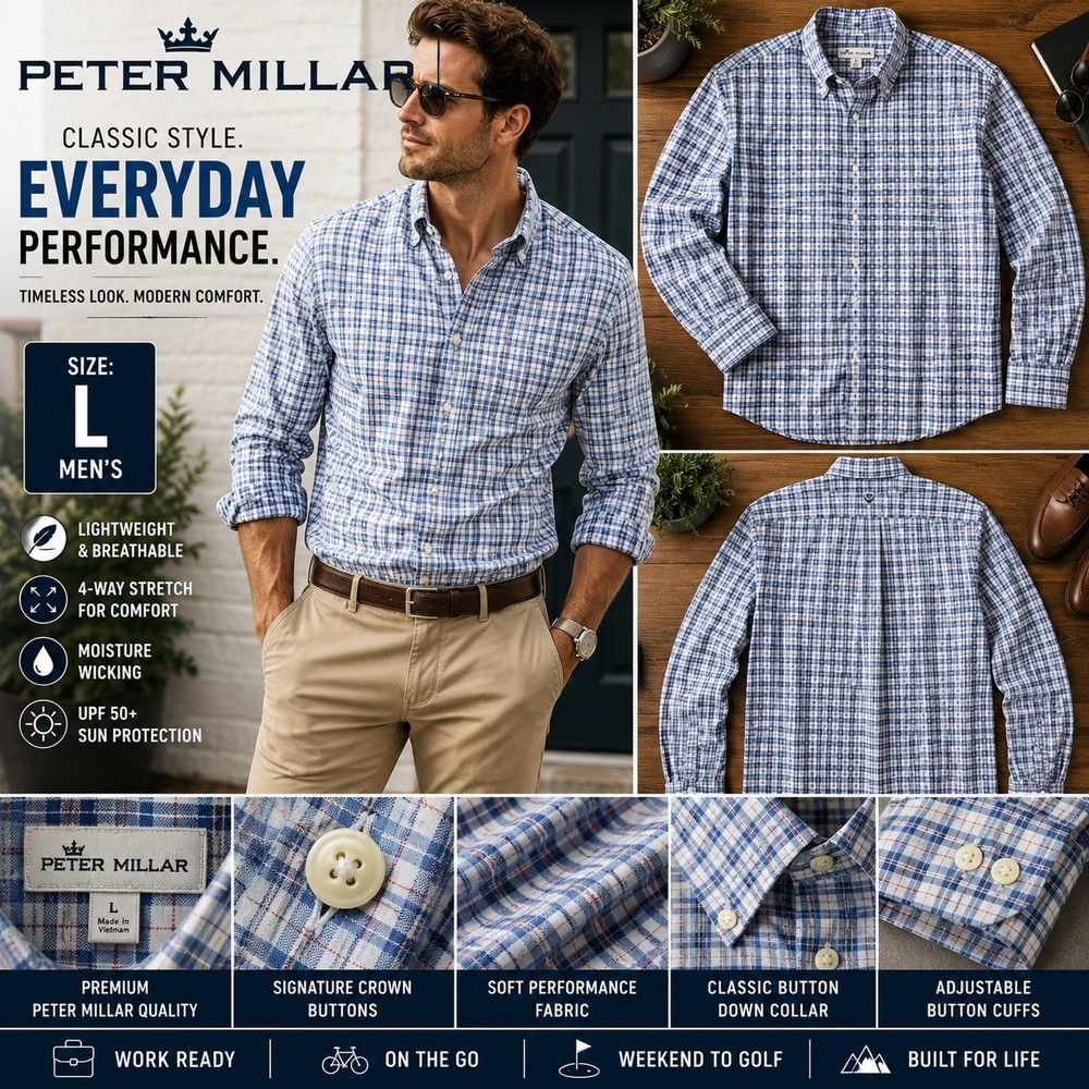Peter Millar Mens Large Blue Plaid Performance Stretch Button Down Shirt UPF 50+