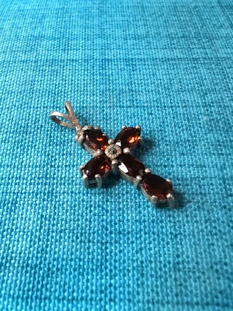 Vintage Sterling Silver 925 Garnet w/Marcasite Accent Cross Pendant