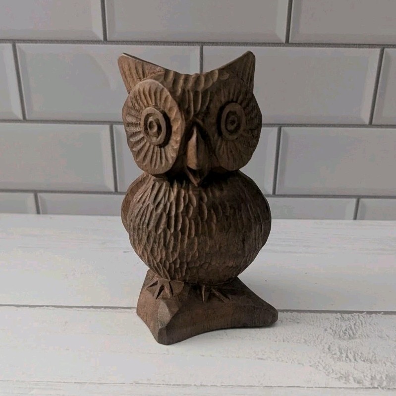Vintage Hand carved wooden owl Figurine