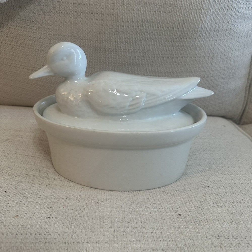 Vintage White Duck Bowl Porcelain Ceramic White Casserole Dish Mallard