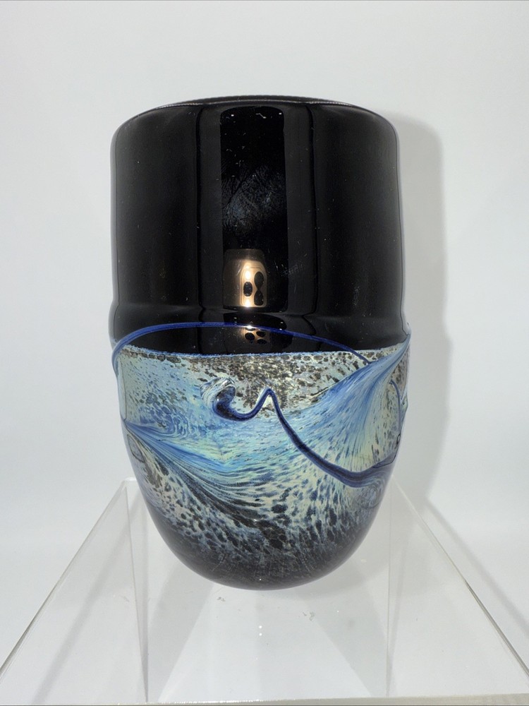 Frederick Warren Art Glass Studio Tumbler Black/Blue Iridescent Swirls 1991