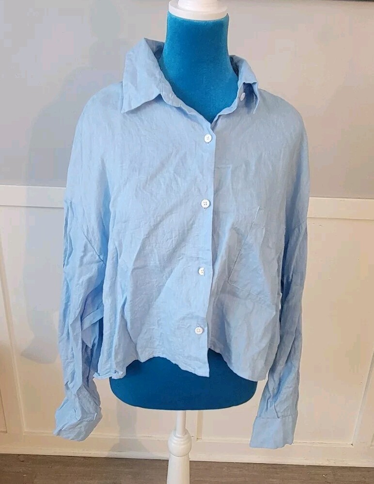 Zara Solid 100% Linen Cropped Front Button Up Shirt XL Blue