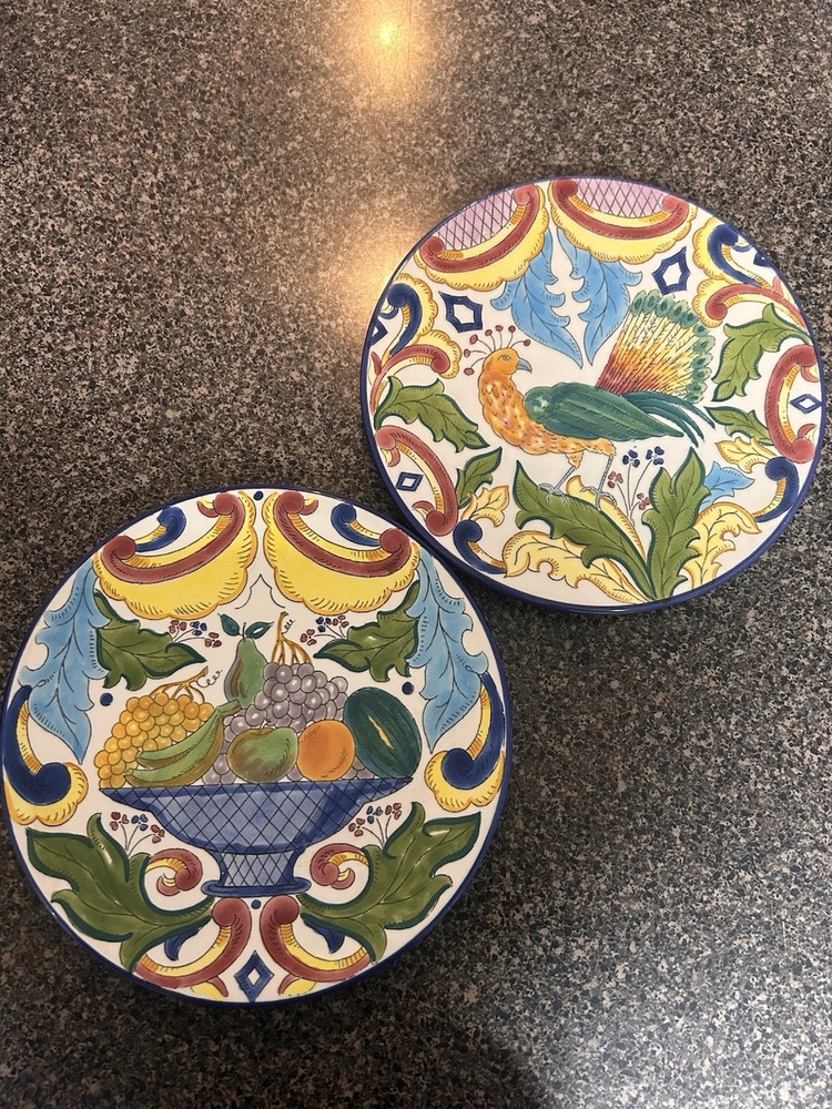Ceramar Set of 2 Hand Painted Ceramic Plates Fruit Bird Floral, Spain