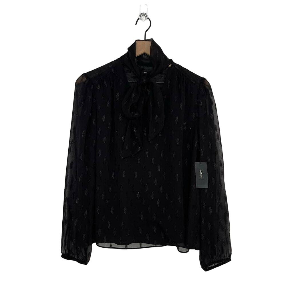 NEW Alfani Printed Sheer Sleeve Neck Tie Blouse Black Women's Size Medium