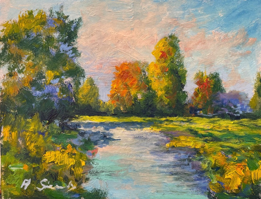 Original Oil Painting Landscape River Impressionist Autumn Nature Art Semberecki