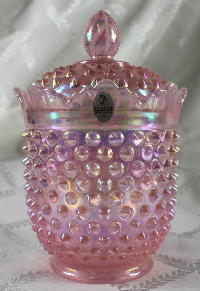 Vintage Fenton Pink Opalescent Hobnail Glass Candy Jar with Lid  