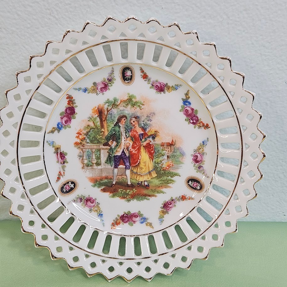 Courting Couple Plate Floral Reticulated Lattice Edge Germany