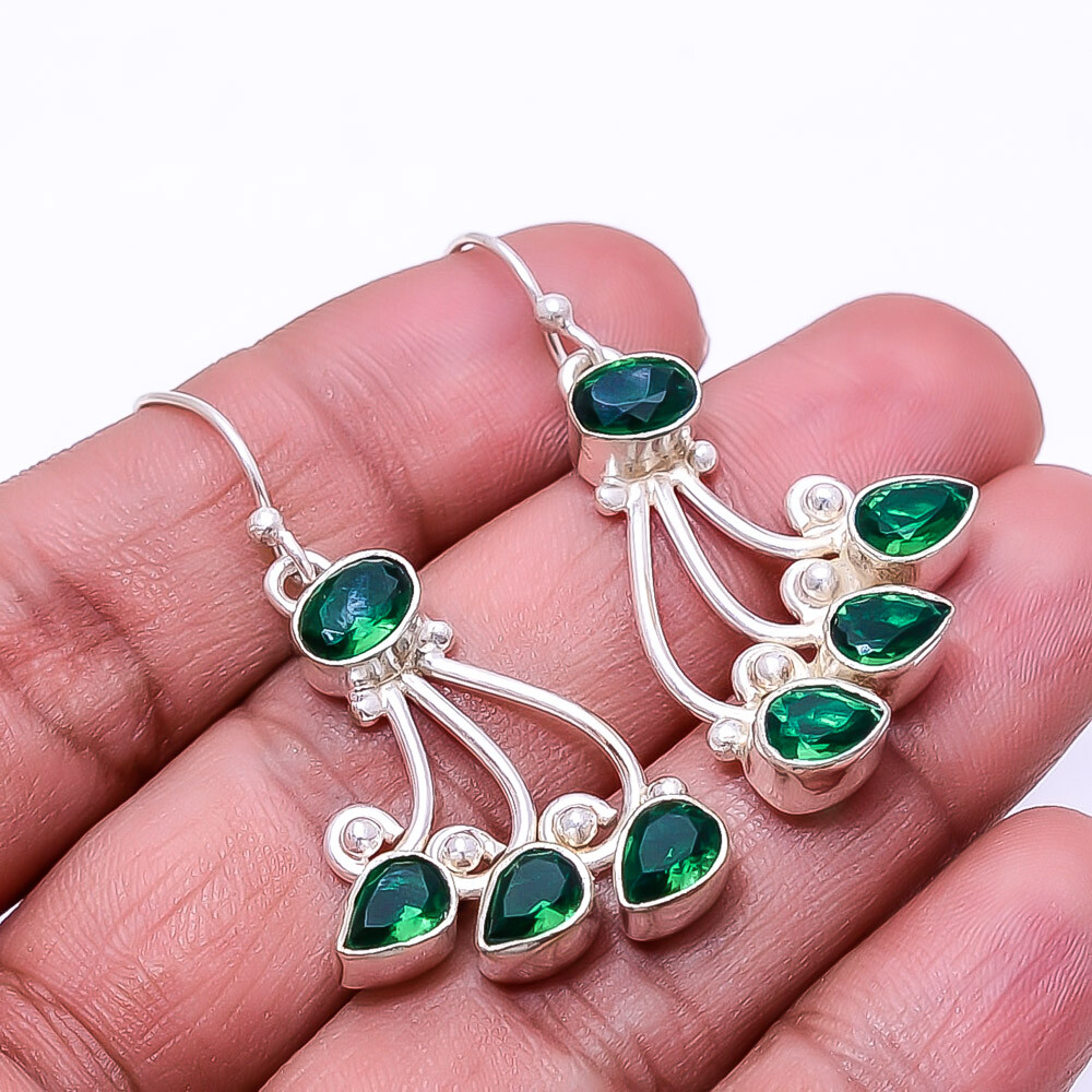 Emerald Simulated Multi Collet 925 Sterling Silver Earrings 1.68 Inch Valentine's Day Gift for Her