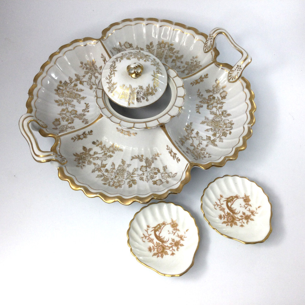 Vintage Limoges Porcelain Divided Serving Dish Lid  and Side Plates Gold Birds