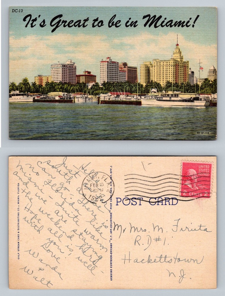 Miami, FL-Florida, Downtown Skyline Waterfront Boats View c1952 Vintage Postcard