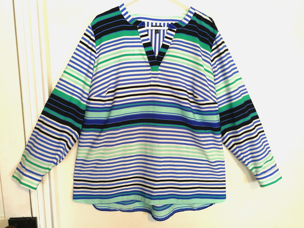 Talbots Women Blouse 2X Plus White Blue Striped V-Neck Shirt Top Roll Tab Sleeve