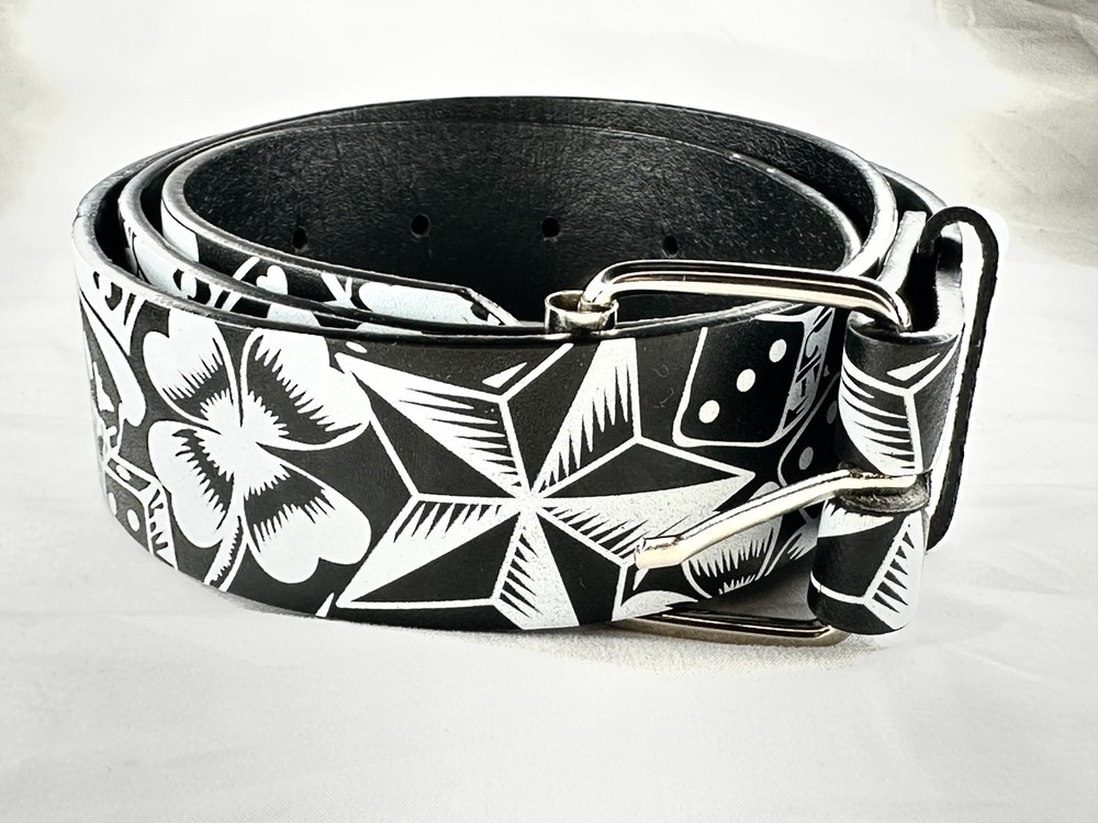 Black Casino Poker Leather Belt with Clover Skull Star Buckle for Men & Women