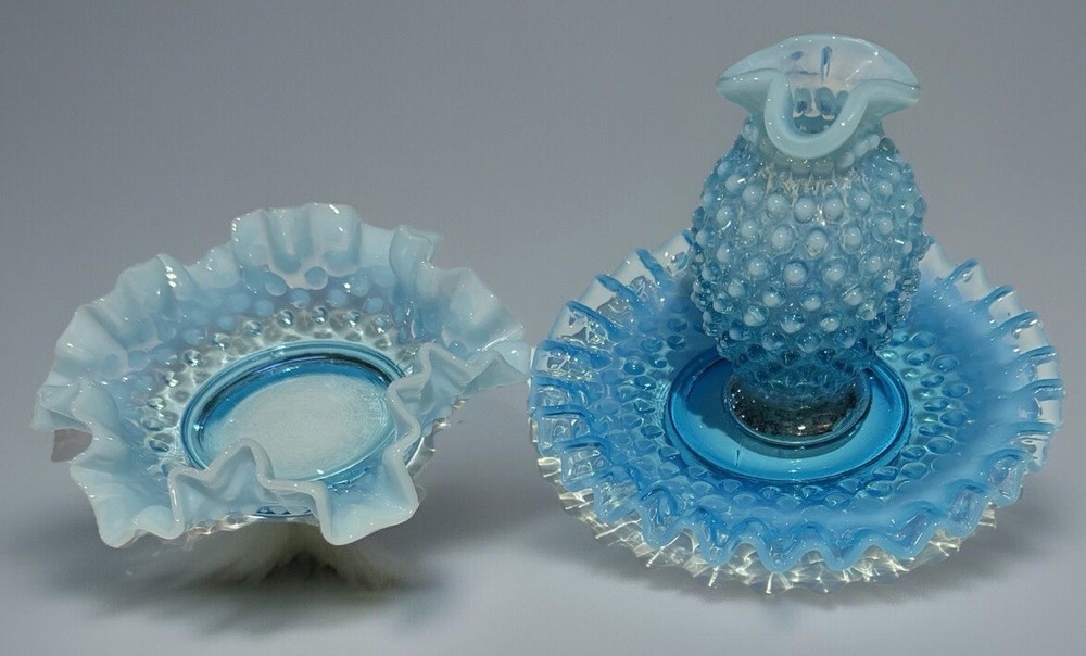 3 Pcs-Vintage Fenton Hobnail Opalescent Blue Iridescent 2 Dishes 1 Bud Vase EUC