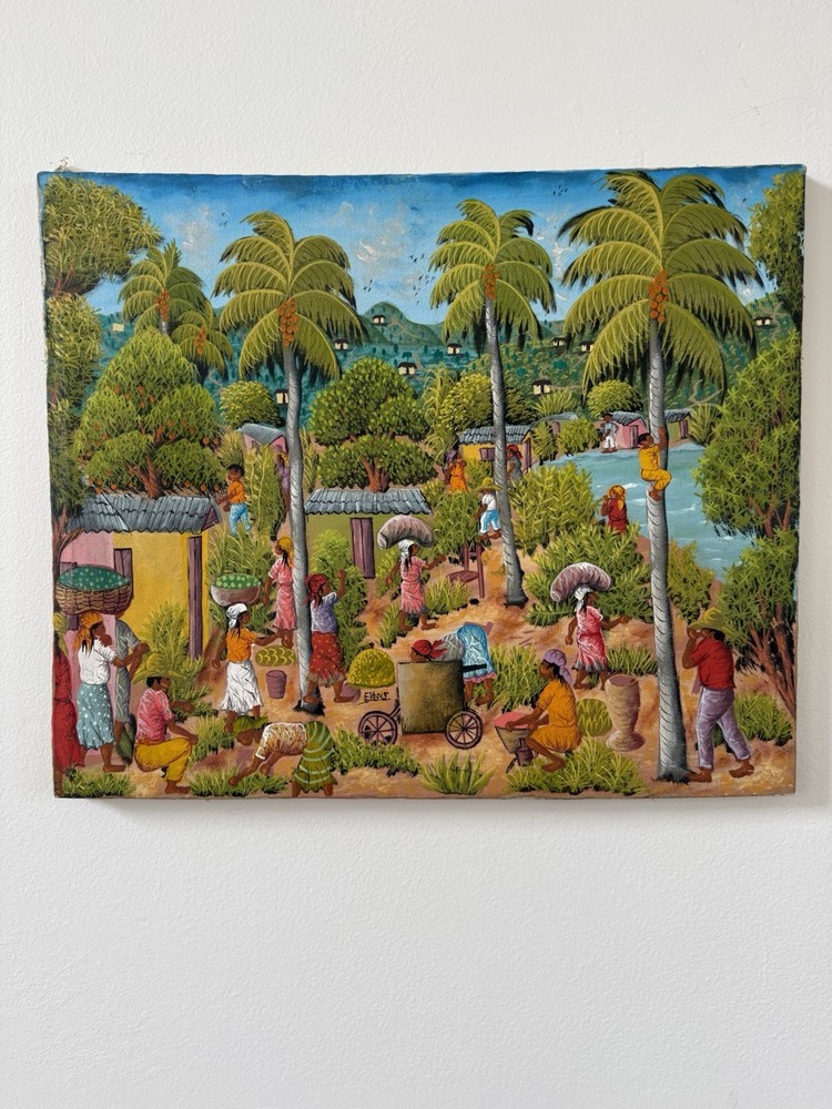 Vintage Original Painting On Canvas Haitian Market Scene Folk Art Signed 24”x20”
