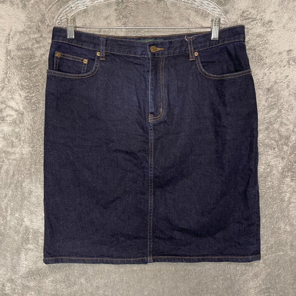 LRL Women Classic Preppy Modest Dark Wash Stretch Knee Length Denim Skirt 14